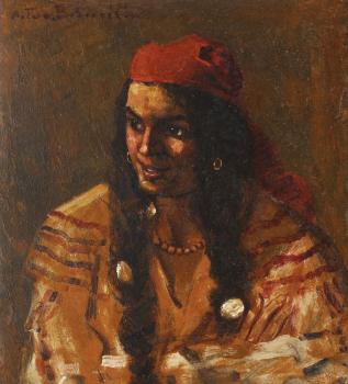 Octav Bancila : Gypsy woman with red scarf